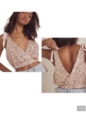 Free People Blush Sequin Tie-Shoulder V-Neck Crop Top